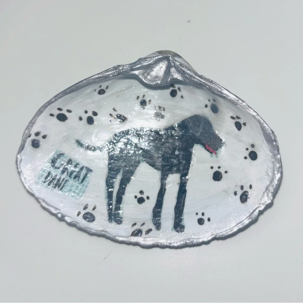 Handcrafted Clam Shell Ring Dish W/Great Dane Decoupage & Painted Design